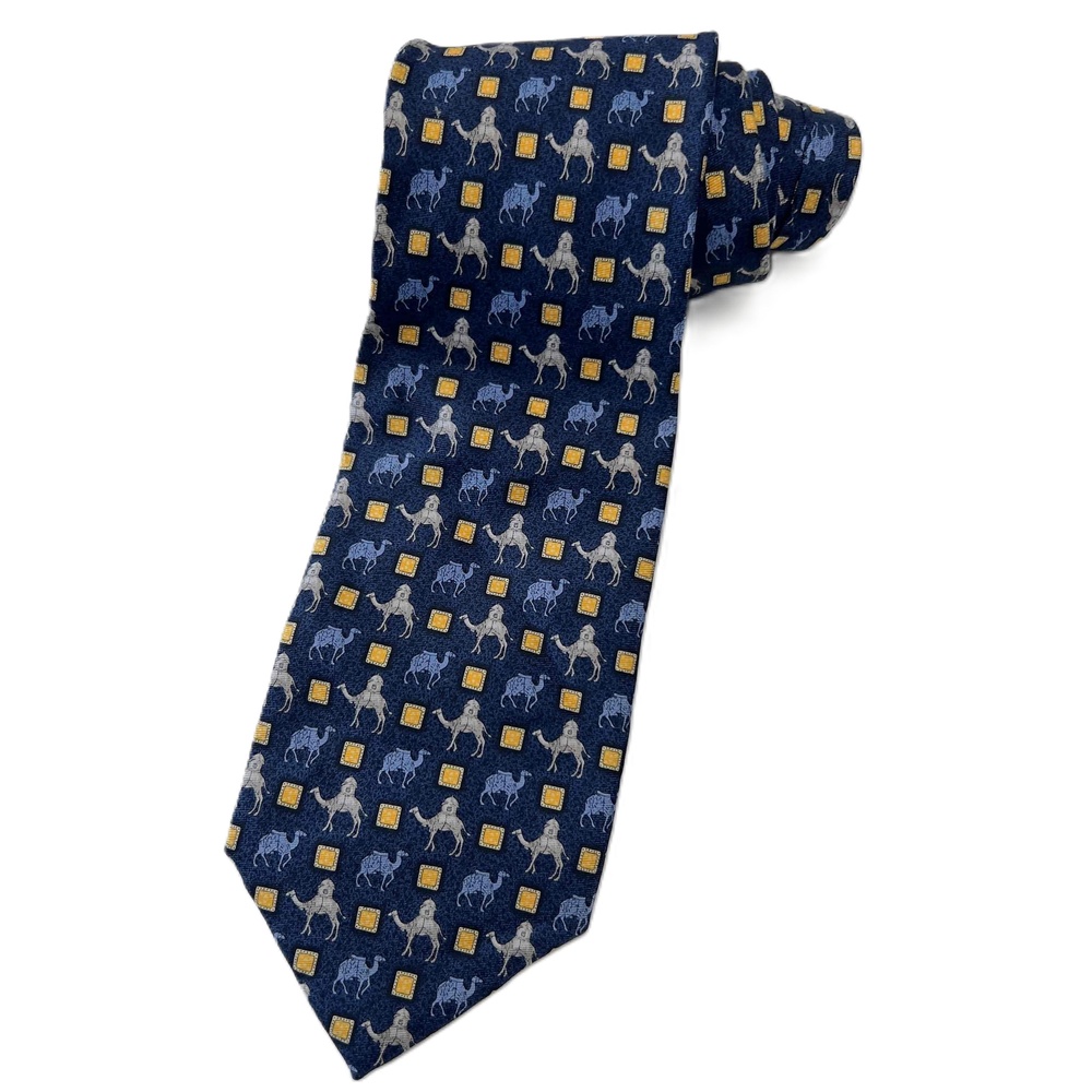 Burberry London Men's Tie Camels Printed Silk Tie Blue Gray Yellow 3.75" Width‎
